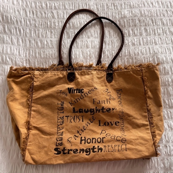 Vintage Addiction Handbags - Vintage Addiction Recycled Canvas and Leather Tote Bag with Inspirational Text